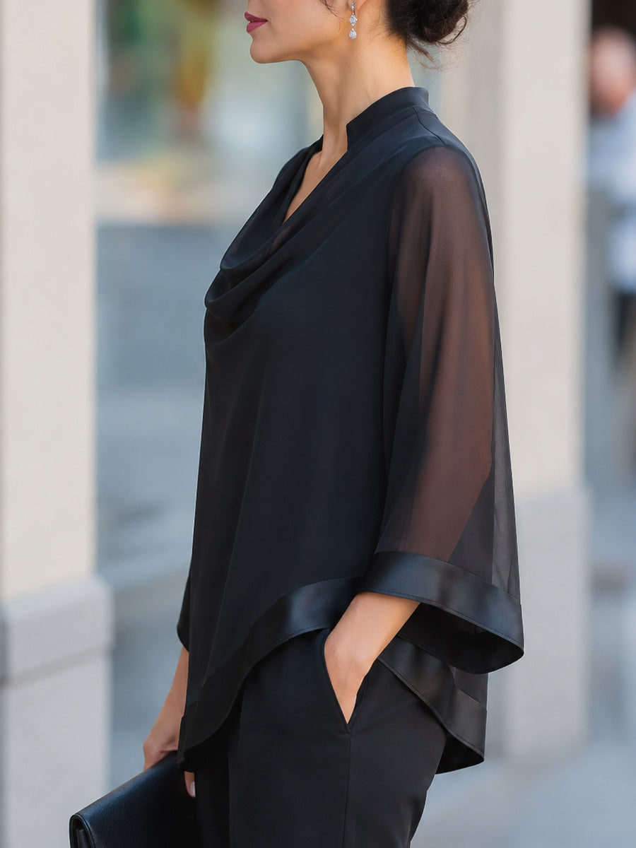 Shiza Collection Black Cowl Neck Sheer Flared Blouse