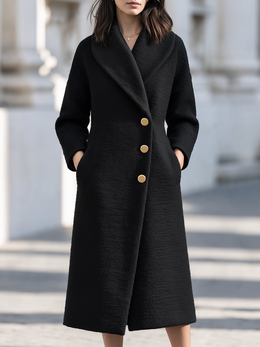 Shiza Collection Black Boucle Shawl Collar Midi Coat