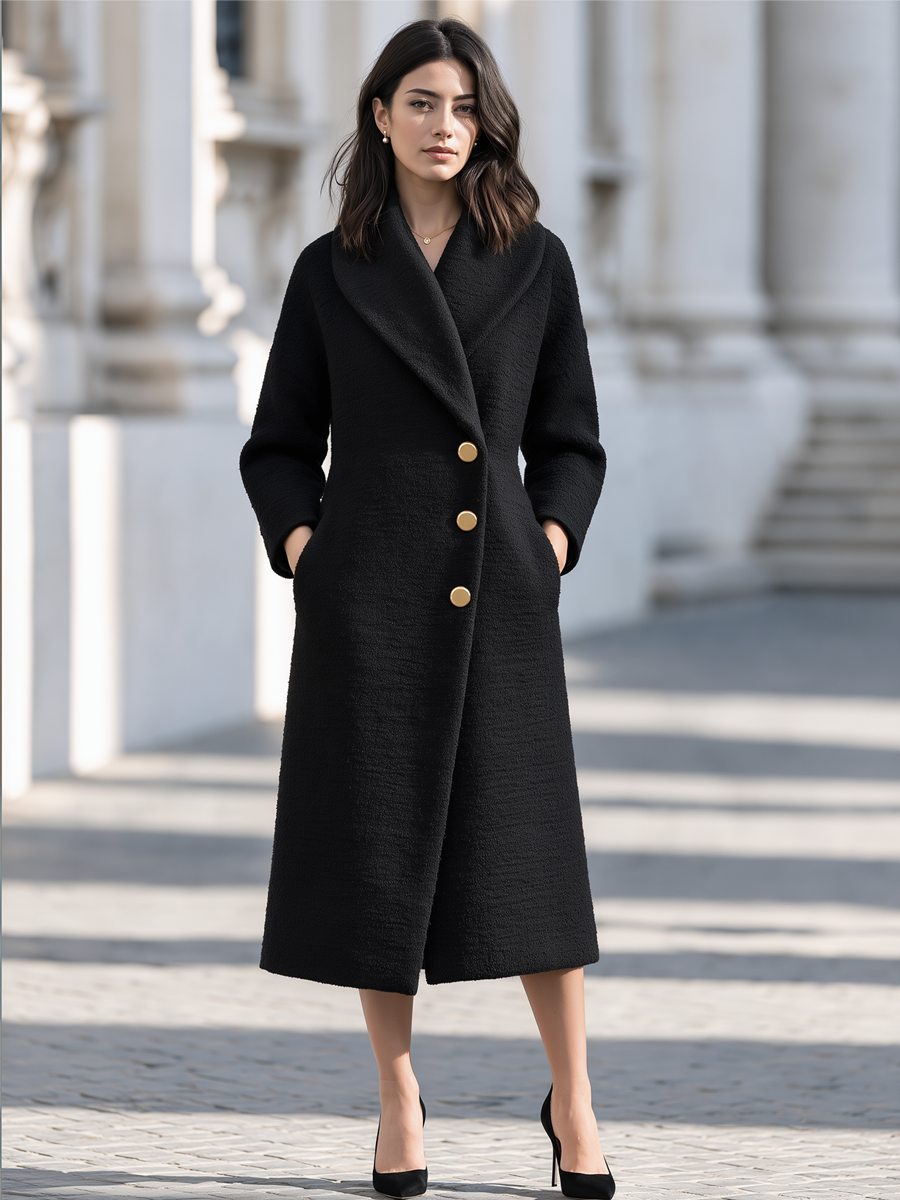 Shiza Collection Black Boucle Shawl Collar Midi Coat