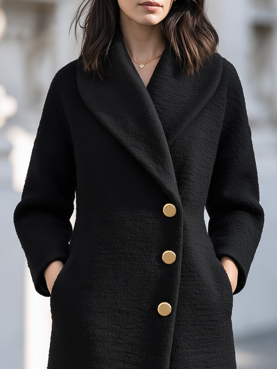 Shiza Collection Black Boucle Shawl Collar Midi Coat