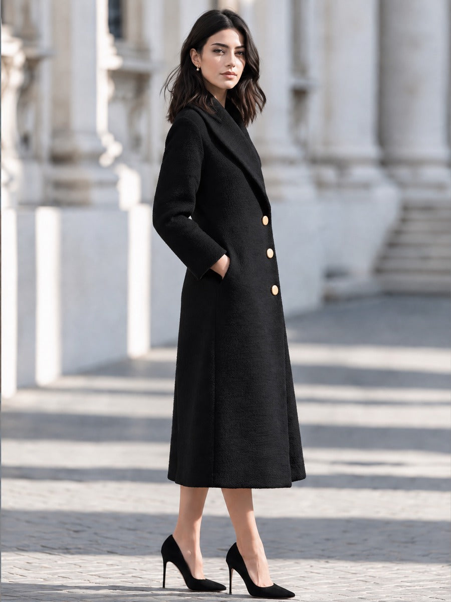 Shiza Collection Black Boucle Shawl Collar Midi Coat
