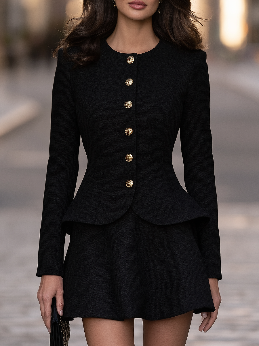 Shiza Collection Black Button-Front Peplum Jacket Mini Skirt Set
