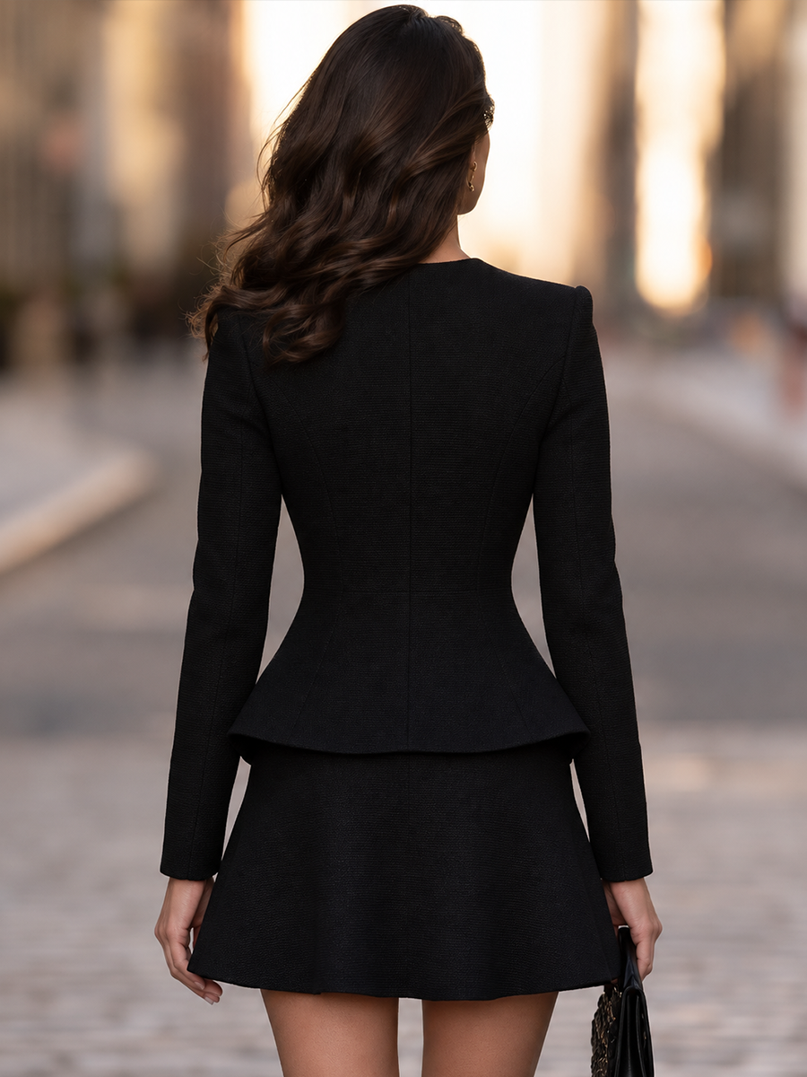 Shiza Collection Black Button-Front Peplum Jacket Mini Skirt Set