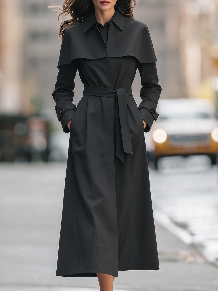 Shiza Collection Black Cape Collar Belted Long Trench Coat
