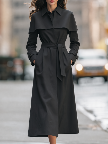 Shiza Collection Black Cape Collar Belted Long Trench Coat