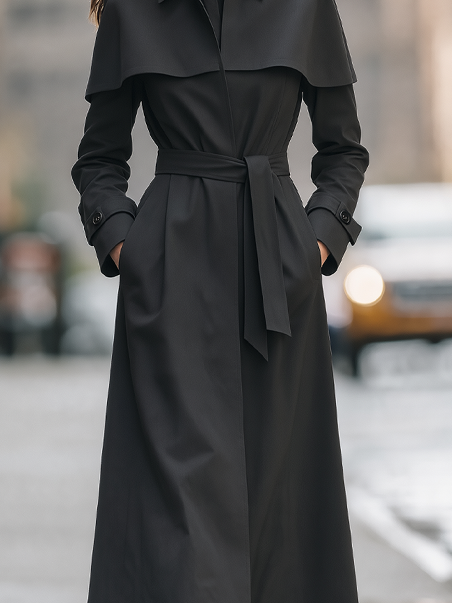 Shiza Collection Black Cape Collar Belted Long Trench Coat