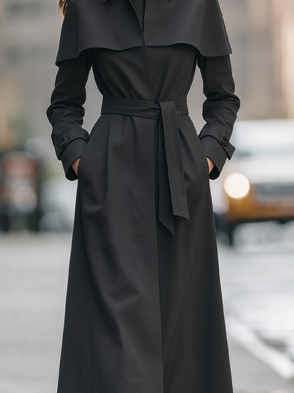 Shiza Collection Black Cape Collar Belted Long Trench Coat
