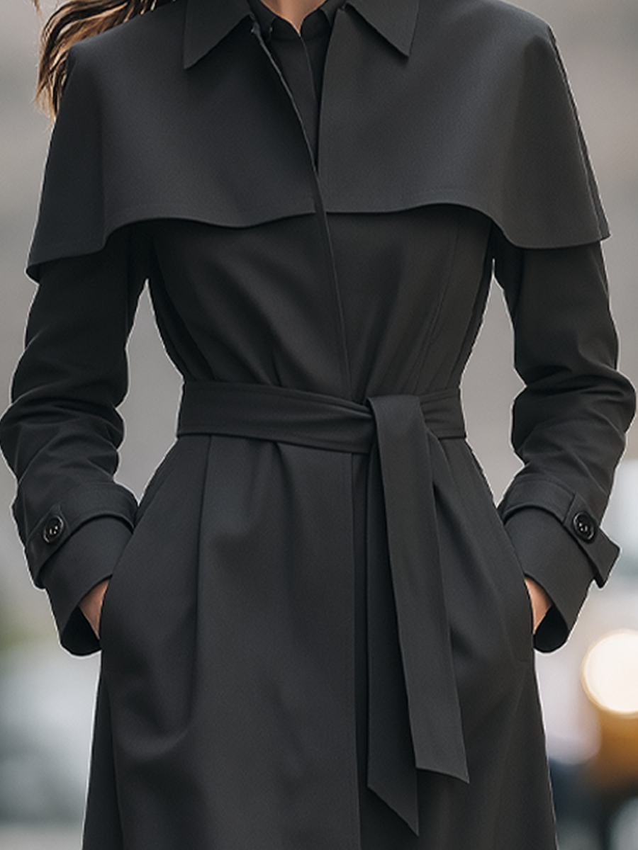 Shiza Collection Black Cape Collar Belted Long Trench Coat