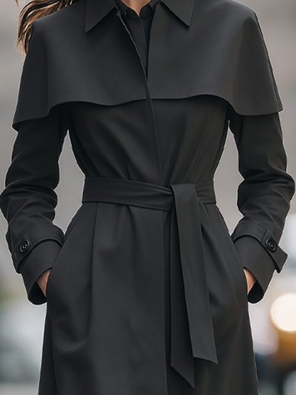 Shiza Collection Black Cape Collar Belted Long Trench Coat