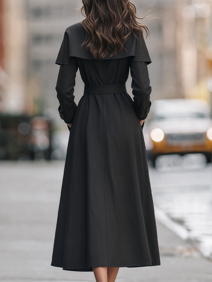 Shiza Collection Black Cape Collar Belted Long Trench Coat