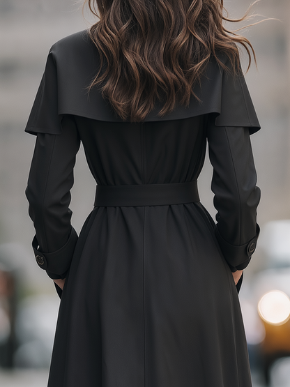Shiza Collection Black Cape Collar Belted Long Trench Coat