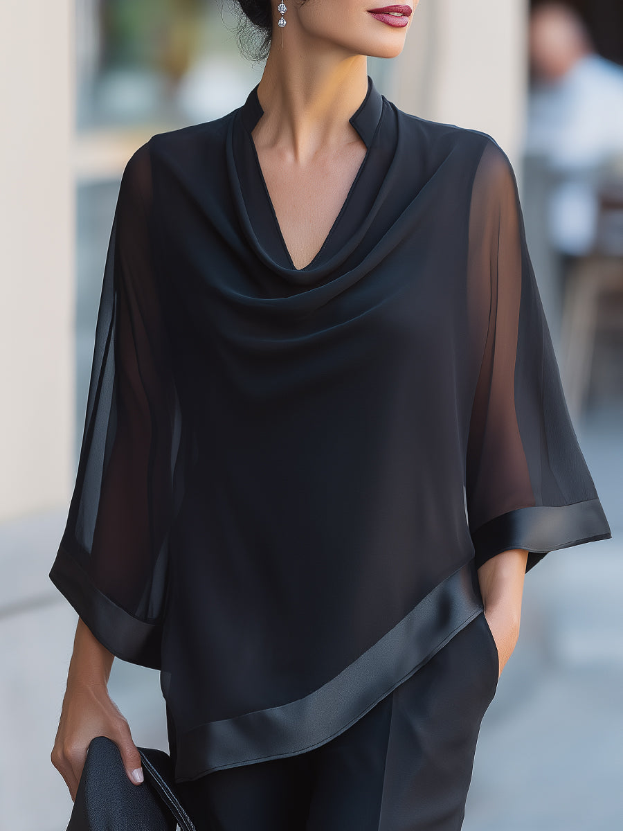 Shiza Collection Black Cowl Neck Sheer Flared Blouse