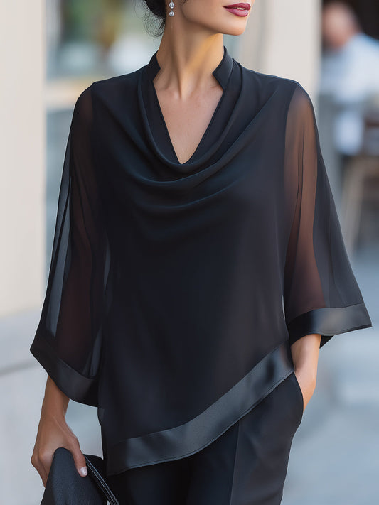Shiza Collection Black Cowl Neck Sheer Flared Blouse