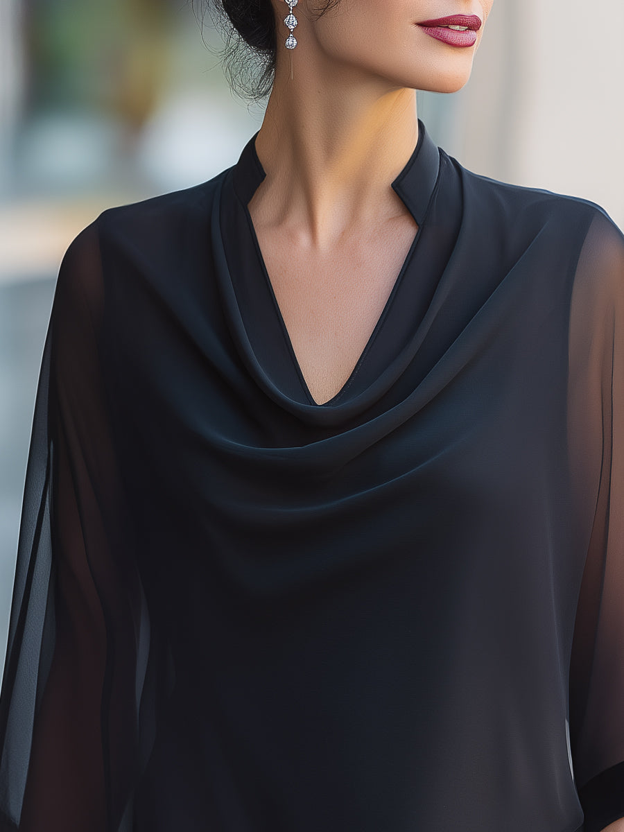 Shiza Collection Black Cowl Neck Sheer Flared Blouse