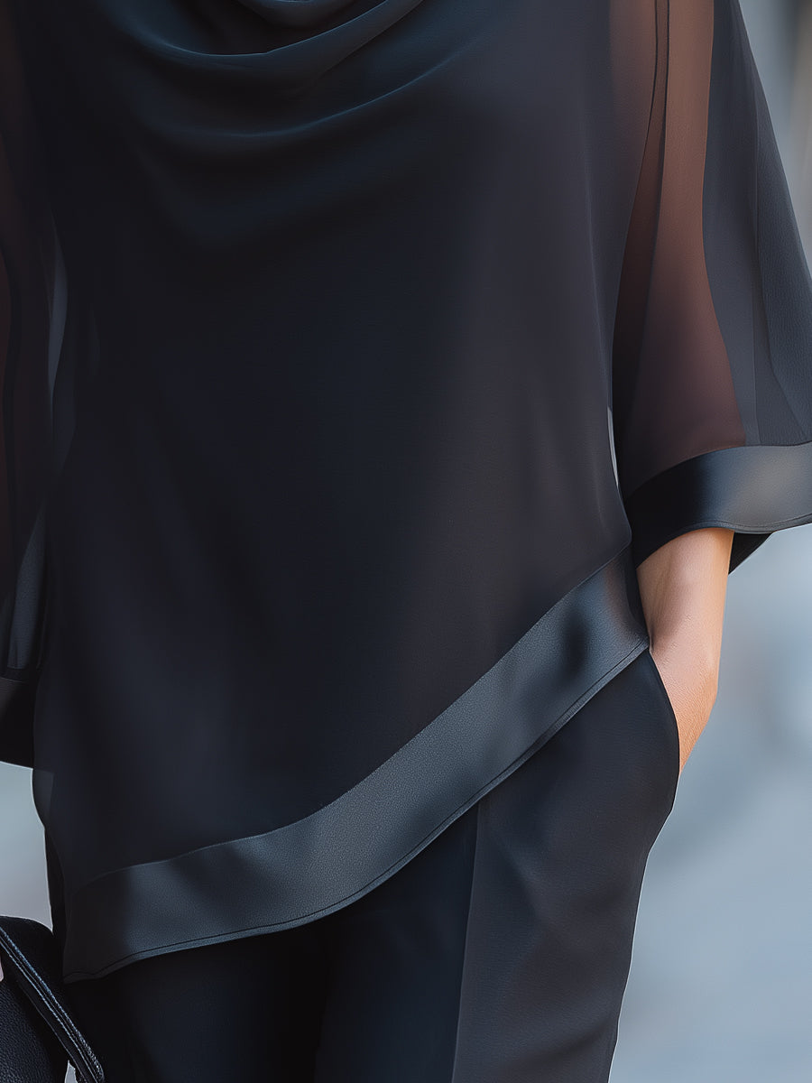 Shiza Collection Black Cowl Neck Sheer Flared Blouse