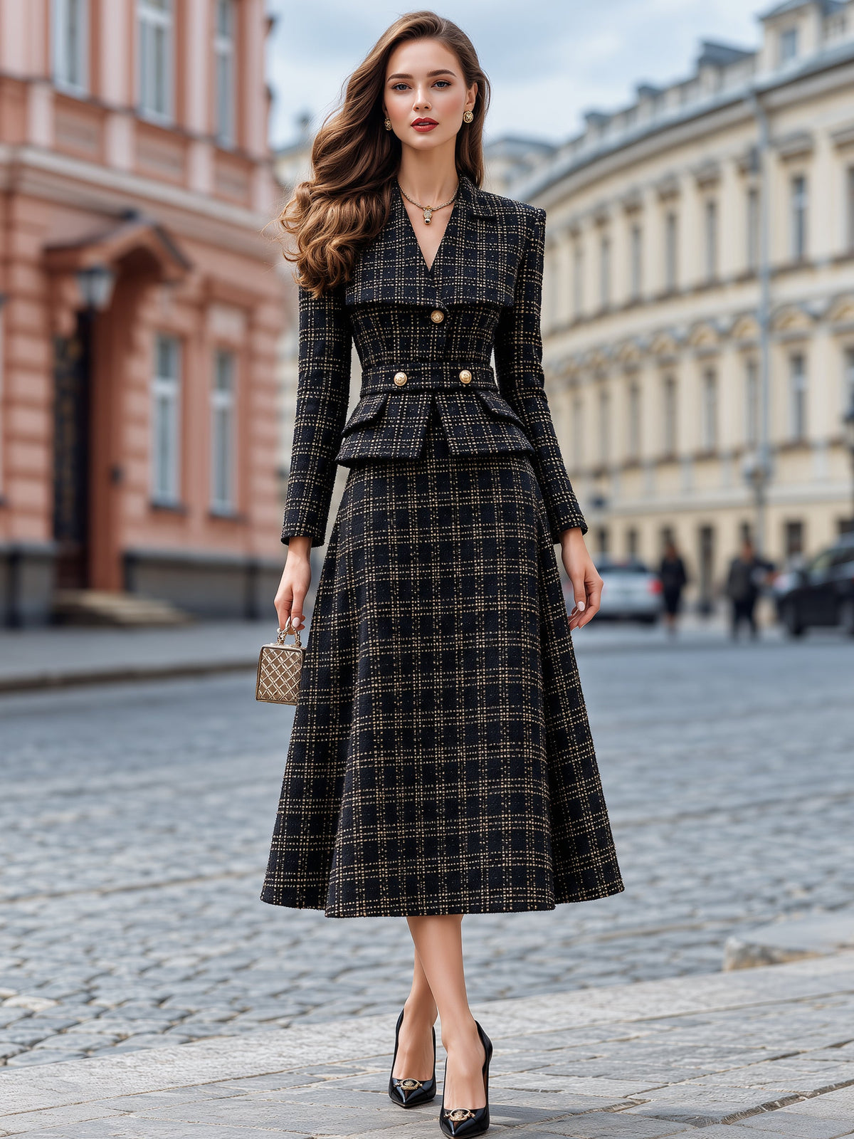 Shiza Collection Black Gold Tweed Peplum Jacket Skirt Set