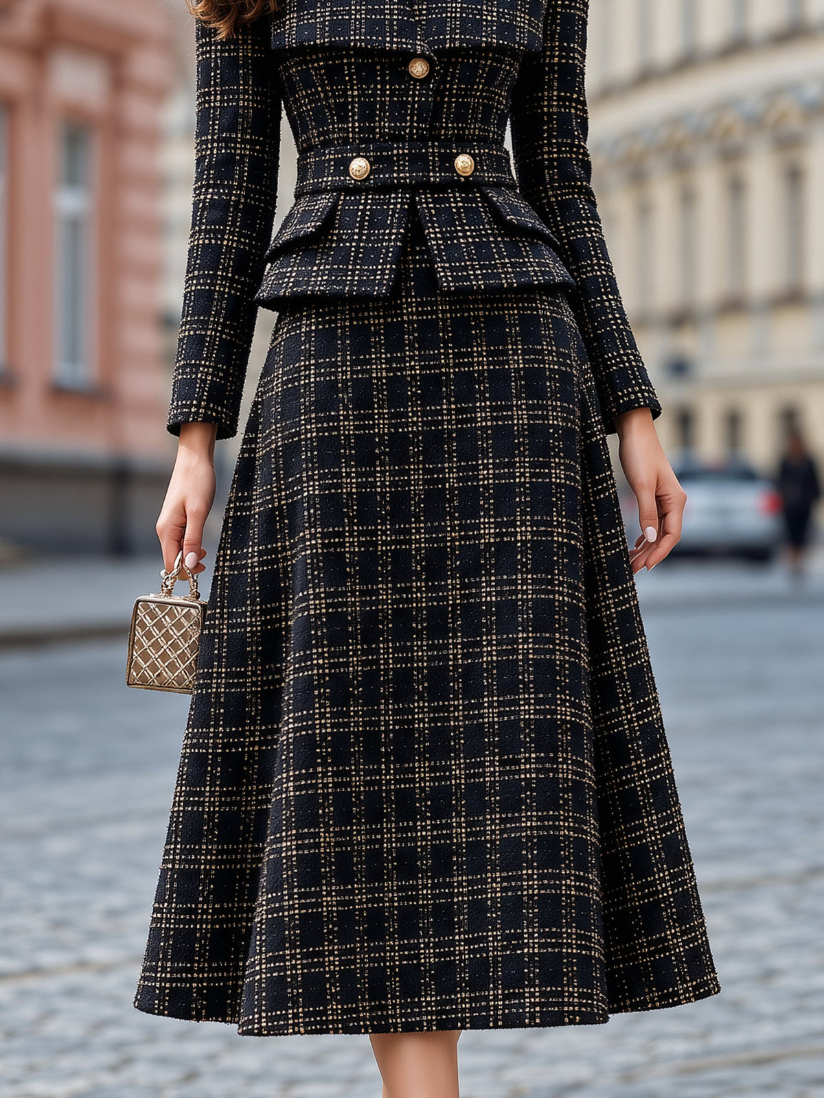 Shiza Collection Black Gold Tweed Peplum Jacket Skirt Set