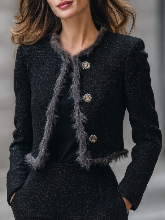Shiza Collection Black Tweed Faux Fur Trim Cropped Jacket