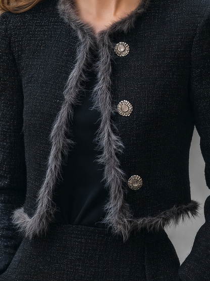 Shiza Collection Black Tweed Faux Fur Trim Cropped Jacket