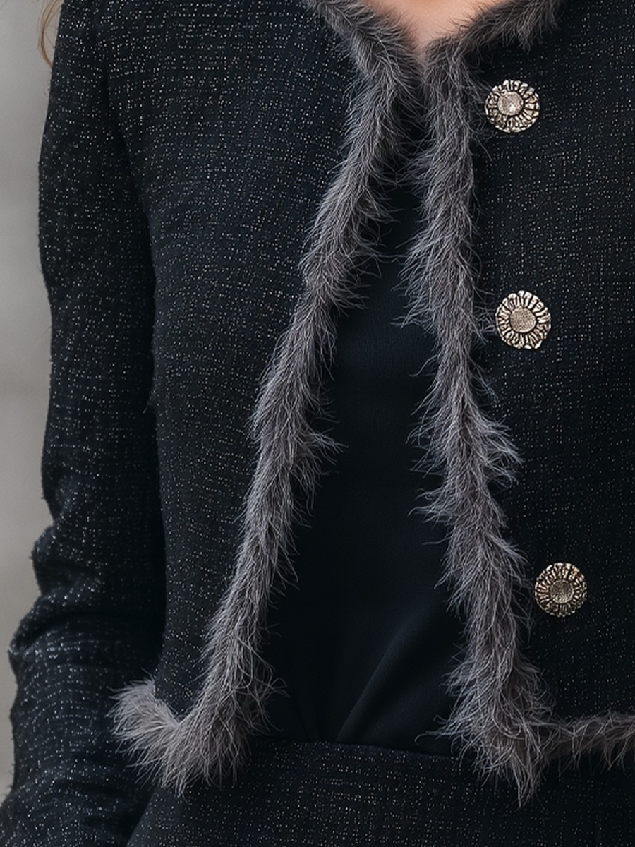 Shiza Collection Black Tweed Faux Fur Trim Cropped Jacket