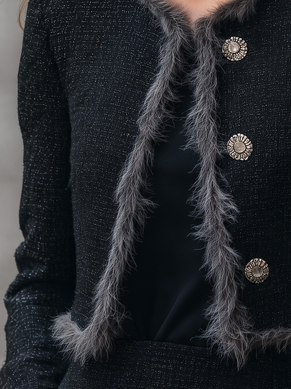 Shiza Collection Black Tweed Faux Fur Trim Cropped Jacket