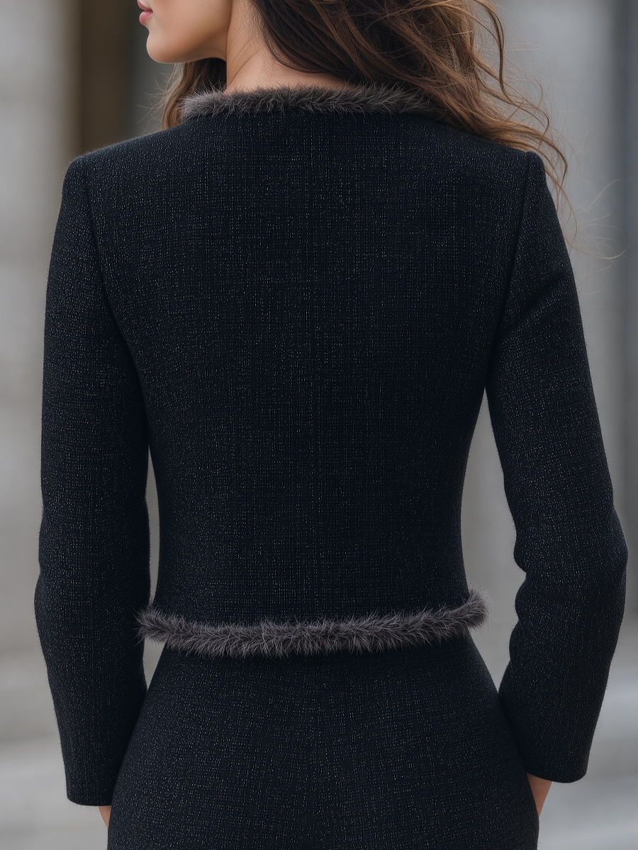 Shiza Collection Black Tweed Faux Fur Trim Cropped Jacket