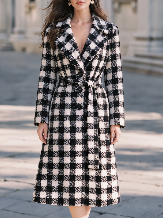 Shiza Collection Black White Gingham Belted Midi Coat