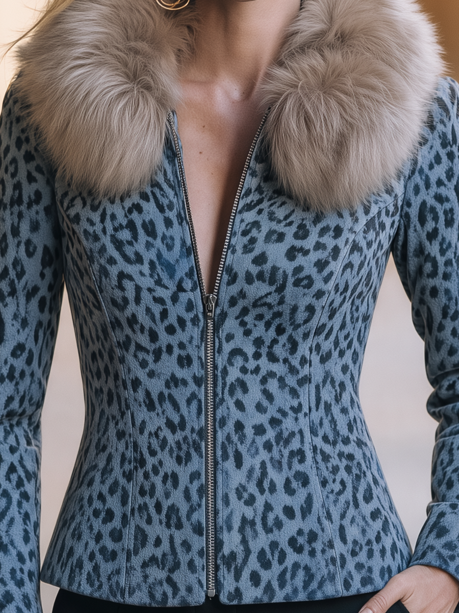 Shiza Collection Blue Grey Leopard Faux Fur Collar Zip Jacket