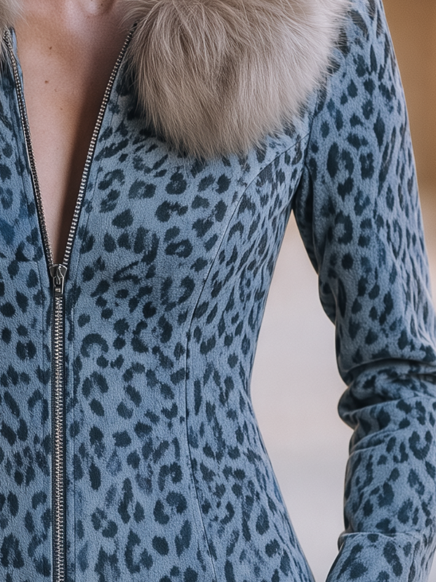 Shiza Collection Blue Grey Leopard Faux Fur Collar Zip Jacket