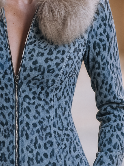 Shiza Collection Blue Grey Leopard Faux Fur Collar Zip Jacket