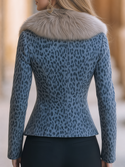 Shiza Collection Blue Grey Leopard Faux Fur Collar Zip Jacket