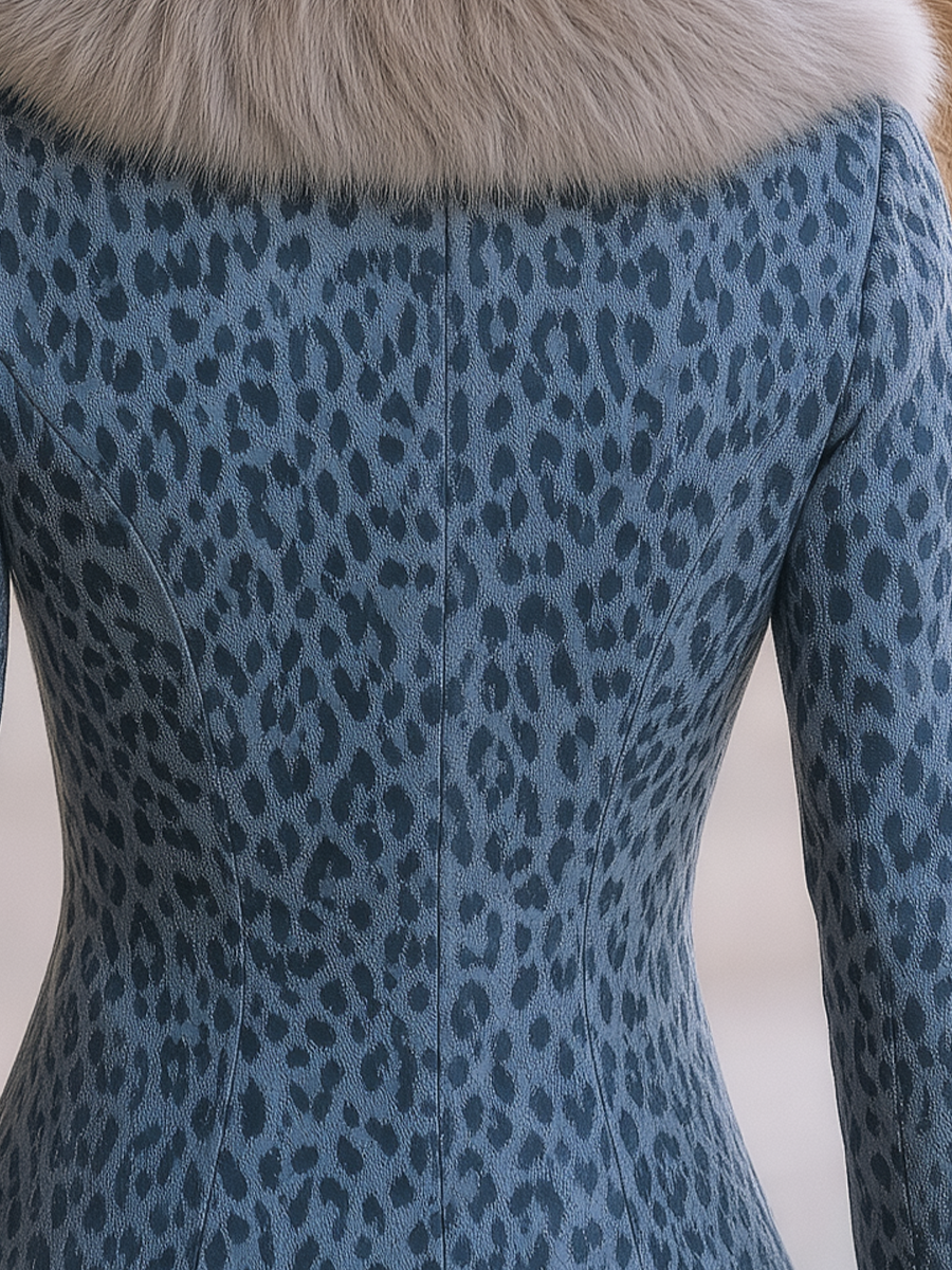 Shiza Collection Blue Grey Leopard Faux Fur Collar Zip Jacket