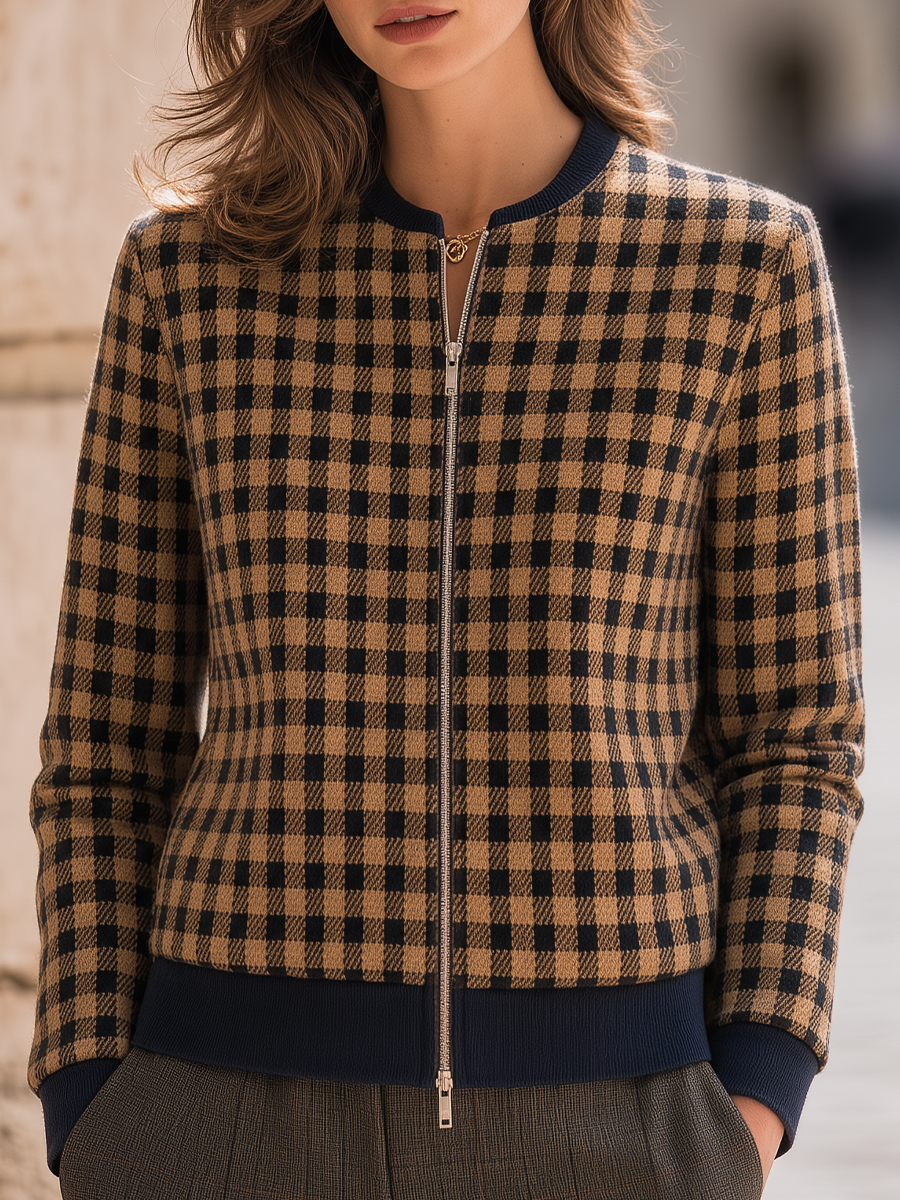 Shiza Collection Camel Gingham Check Cropped Zip Jacket