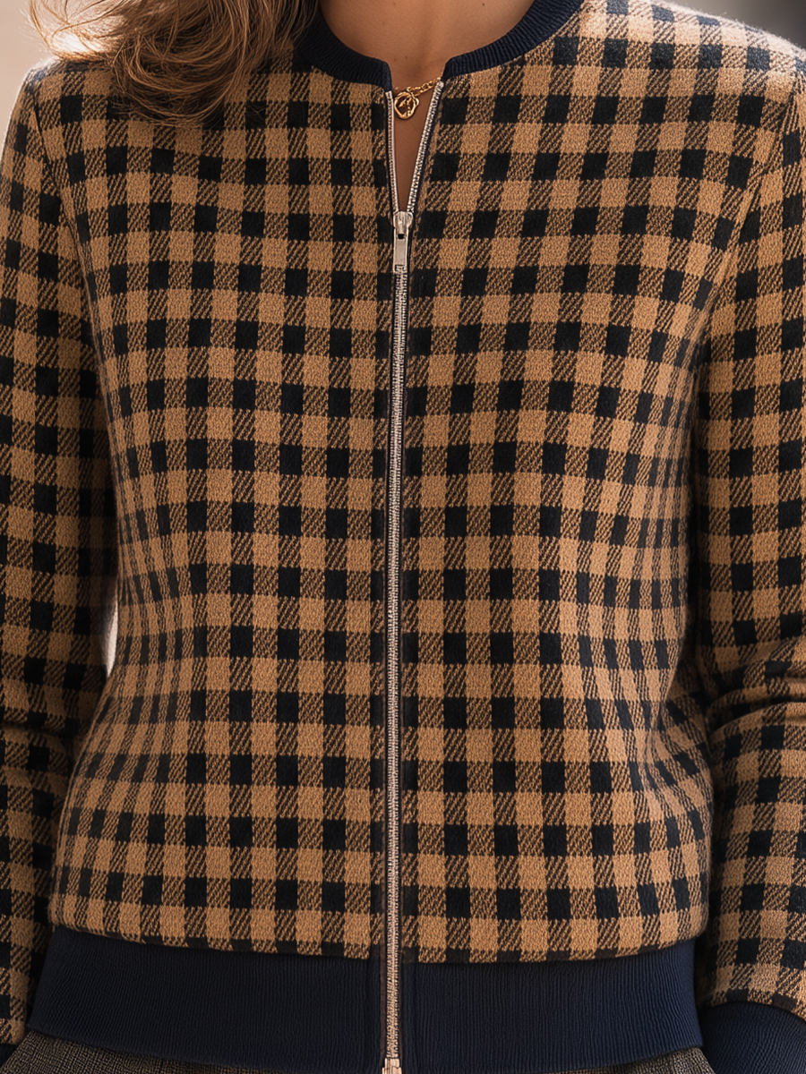 Shiza Collection Camel Gingham Check Cropped Zip Jacket