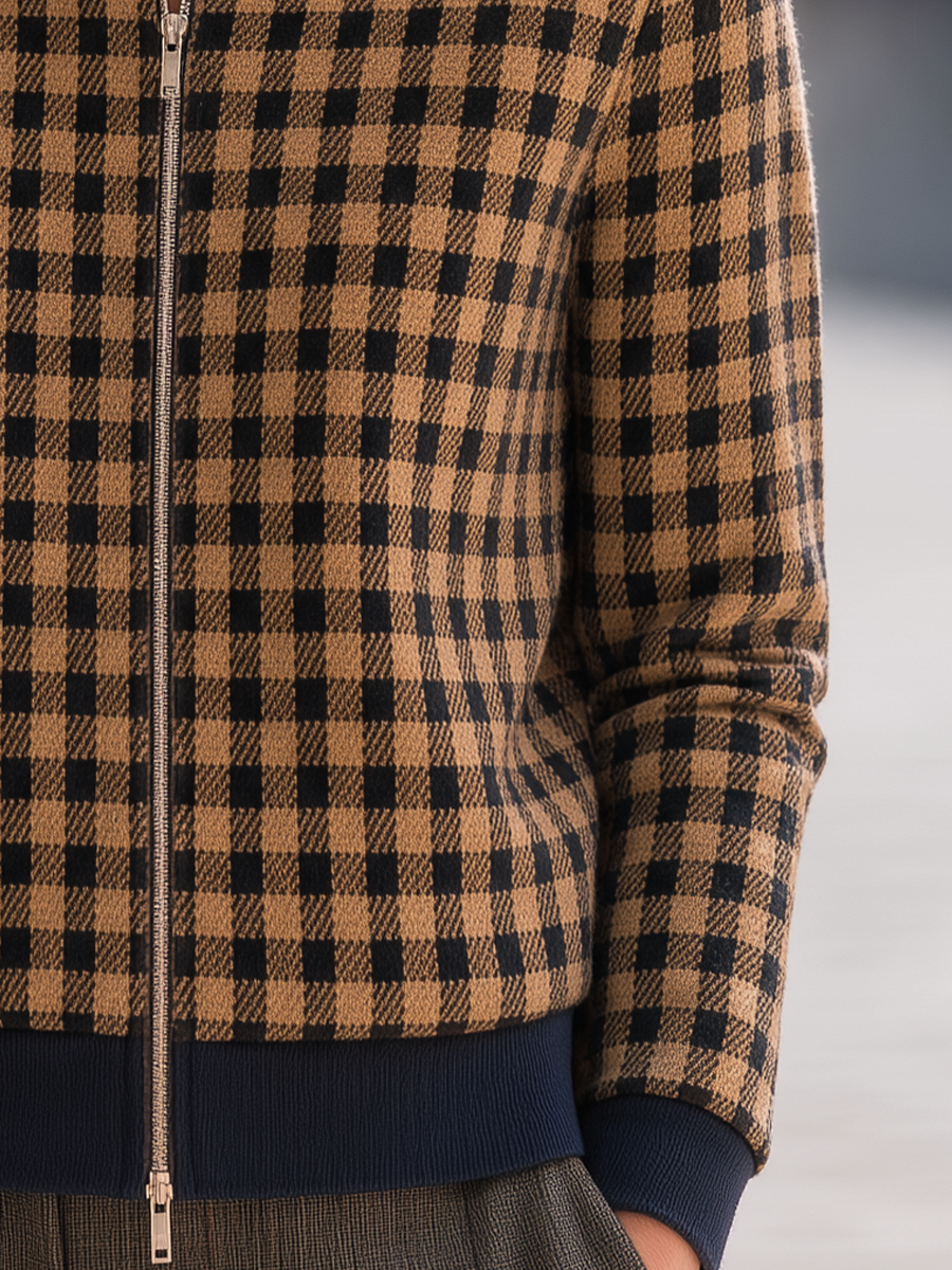 Shiza Collection Camel Gingham Check Cropped Zip Jacket