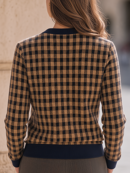 Shiza Collection Camel Gingham Check Cropped Zip Jacket