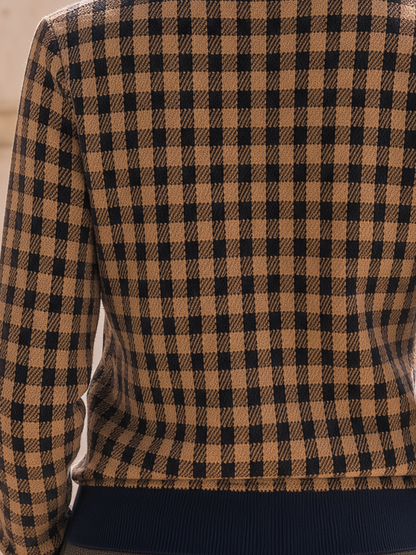 Shiza Collection Camel Gingham Check Cropped Zip Jacket