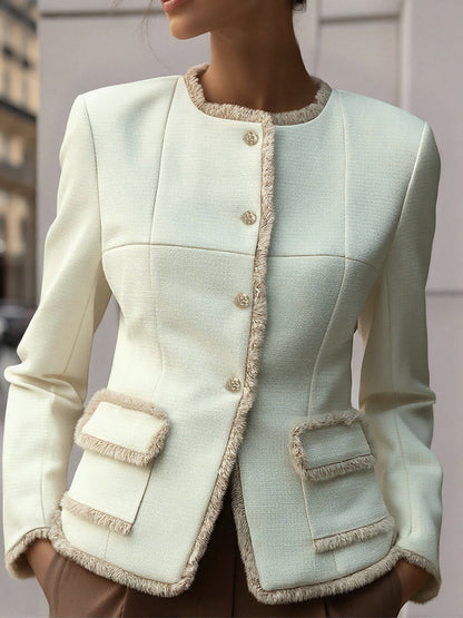 Shiza Collection Cream Textured Fringe Trim Blazer