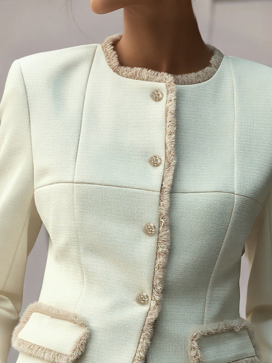 Shiza Collection Cream Textured Fringe Trim Blazer