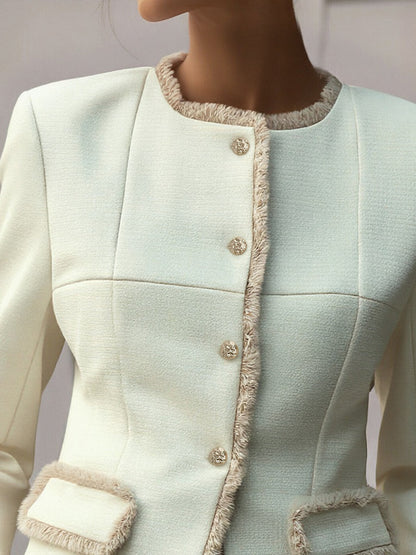 Shiza Collection Cream Textured Fringe Trim Blazer