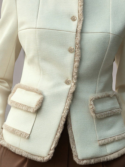 Shiza Collection Cream Textured Fringe Trim Blazer