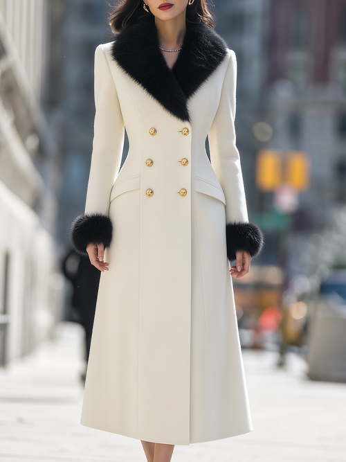 Shiza Collection Cream Wool Blend Faux Fur Trim Long Coat