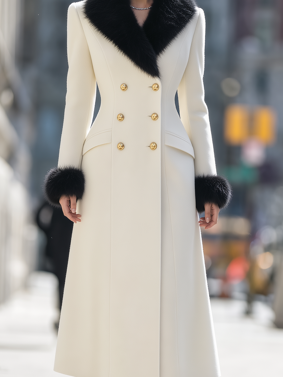 Shiza Collection Cream Wool Blend Faux Fur Trim Long Coat