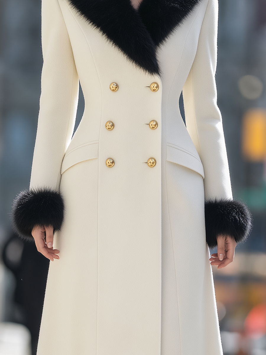 Shiza Collection Cream Wool Blend Faux Fur Trim Long Coat