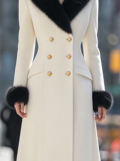 Shiza Collection Cream Wool Blend Faux Fur Trim Long Coat
