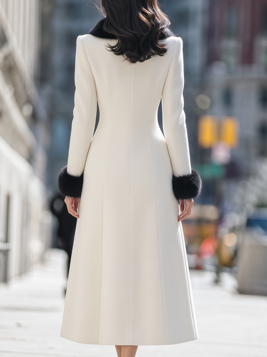 Shiza Collection Cream Wool Blend Faux Fur Trim Long Coat