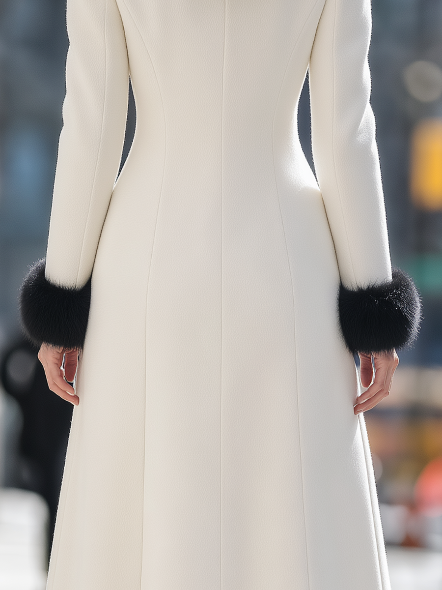 Shiza Collection Cream Wool Blend Faux Fur Trim Long Coat