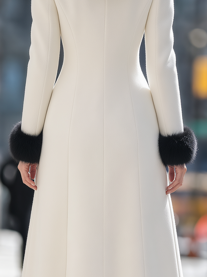 Shiza Collection Cream Wool Blend Faux Fur Trim Long Coat