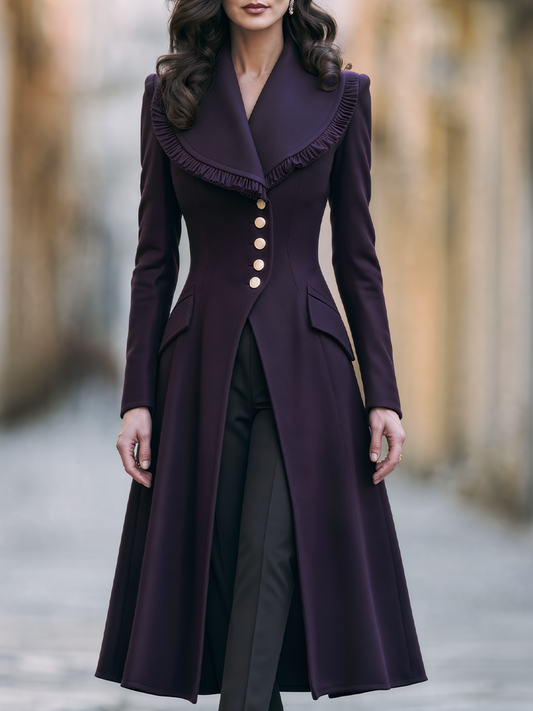 Shiza Collection Dark Purple Ruffled Shawl Collar Midi Coat