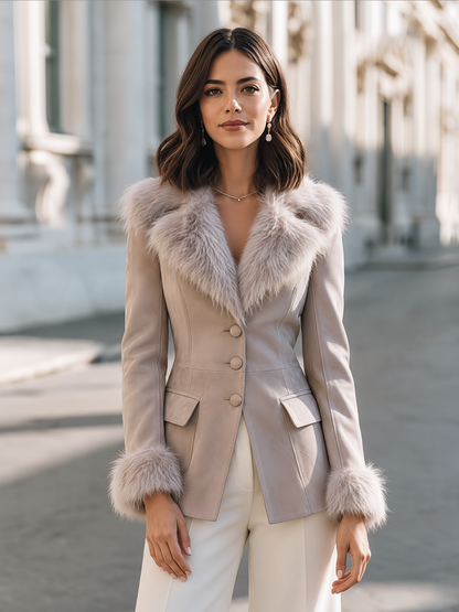 Shiza Collection Greige Faux Fur Trim Fitted Jacket